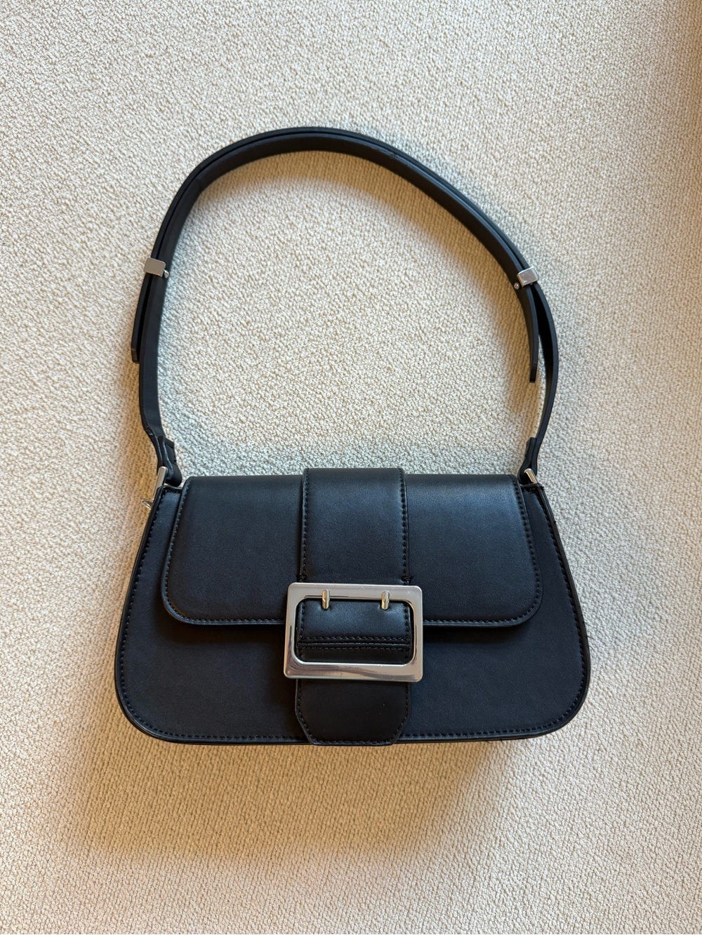 Zara Black Leather Shoulder Bag with Silver Buckle